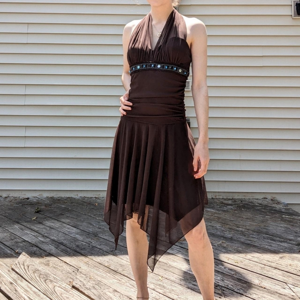 Vintage 90's Y2k Brown Halter Formal Dress woth Ruching